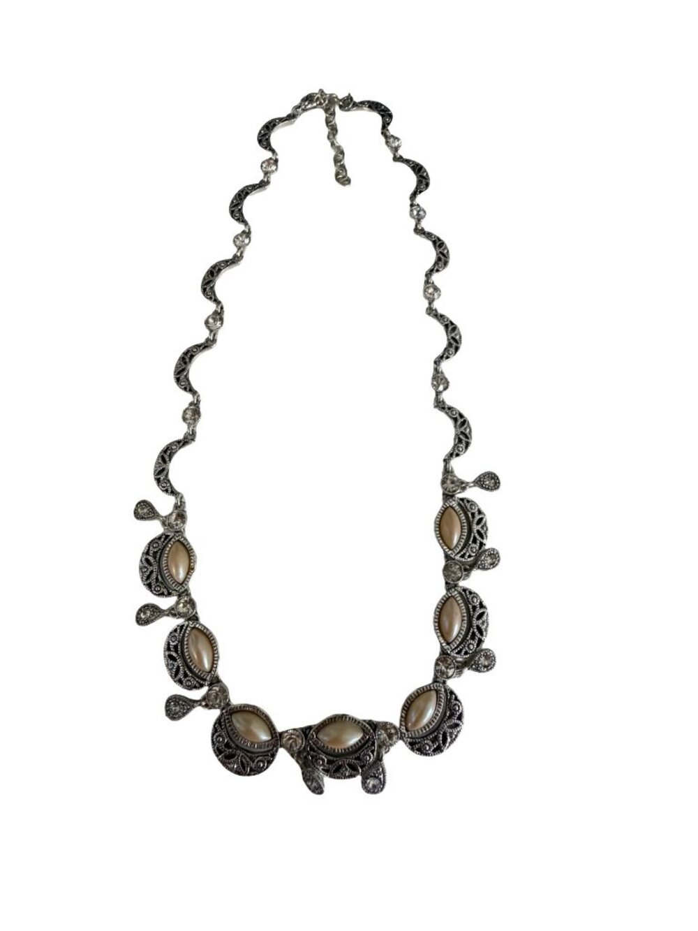 Vintage Silver Tone Faux Pearl Marcasite Style Statement Necklace 14" Adjustable